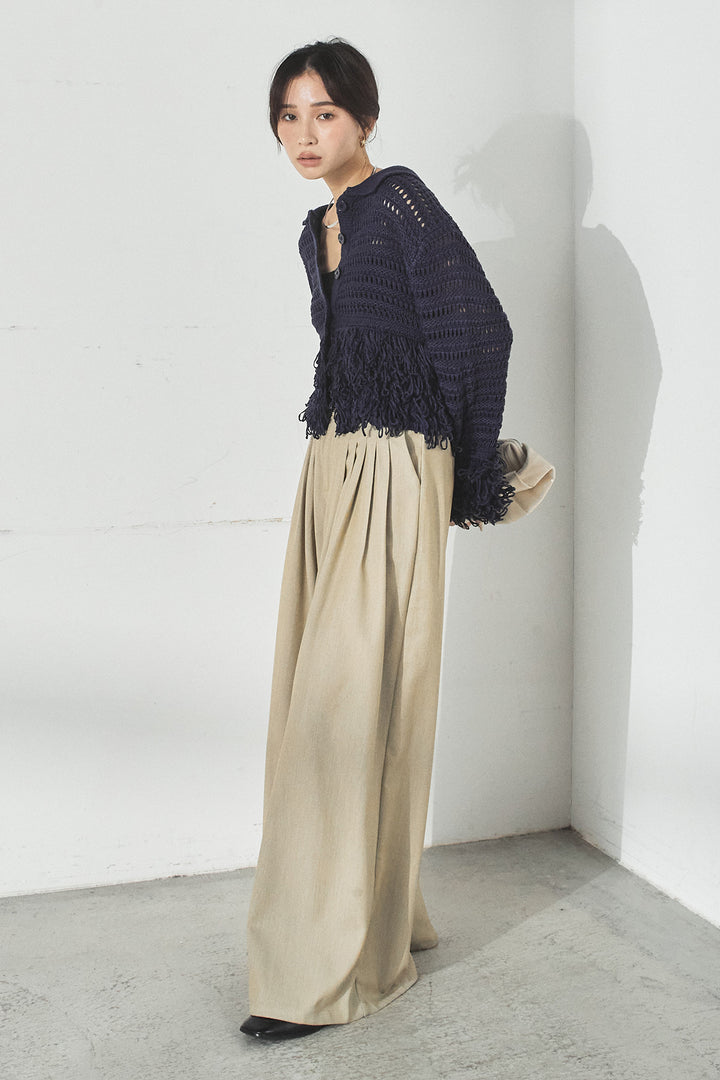[SET]メッシュフリンジカーディガン+編みベルト付きウエストタックワイドパンツ(2set)