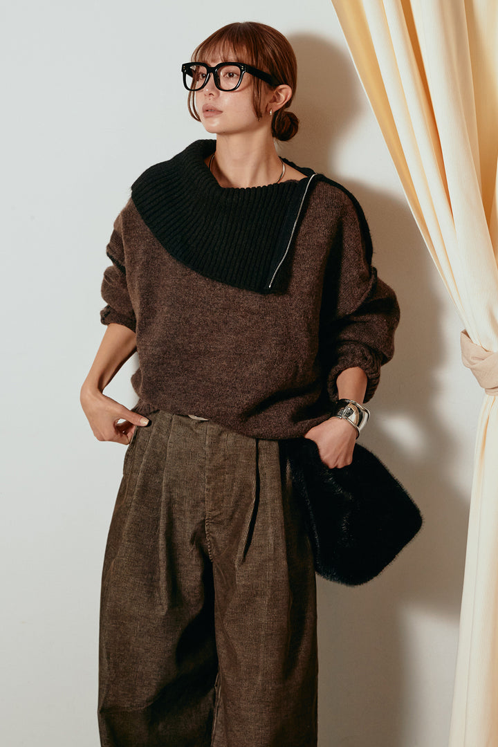 [SET]ハイネックジップデザインニットトップス+フロントタック入りコーデュロイパンツ(2set)