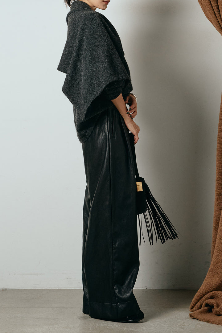 [SET]ネック巻きデザインニットトップス+ベルト付きレザーライクタックパンツ(2set)