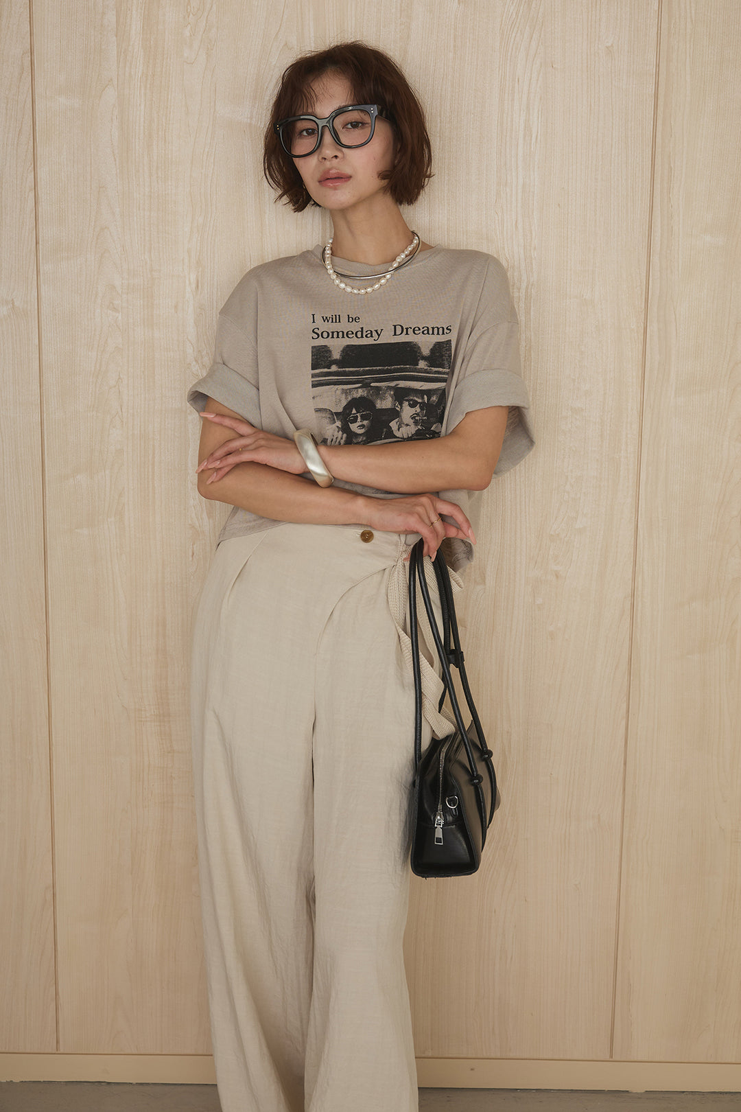 [SET]グラフィックサムデイワイドクロップドT+異素材ベルト付きラップ風ニュアンスワイドパンツ(2set)