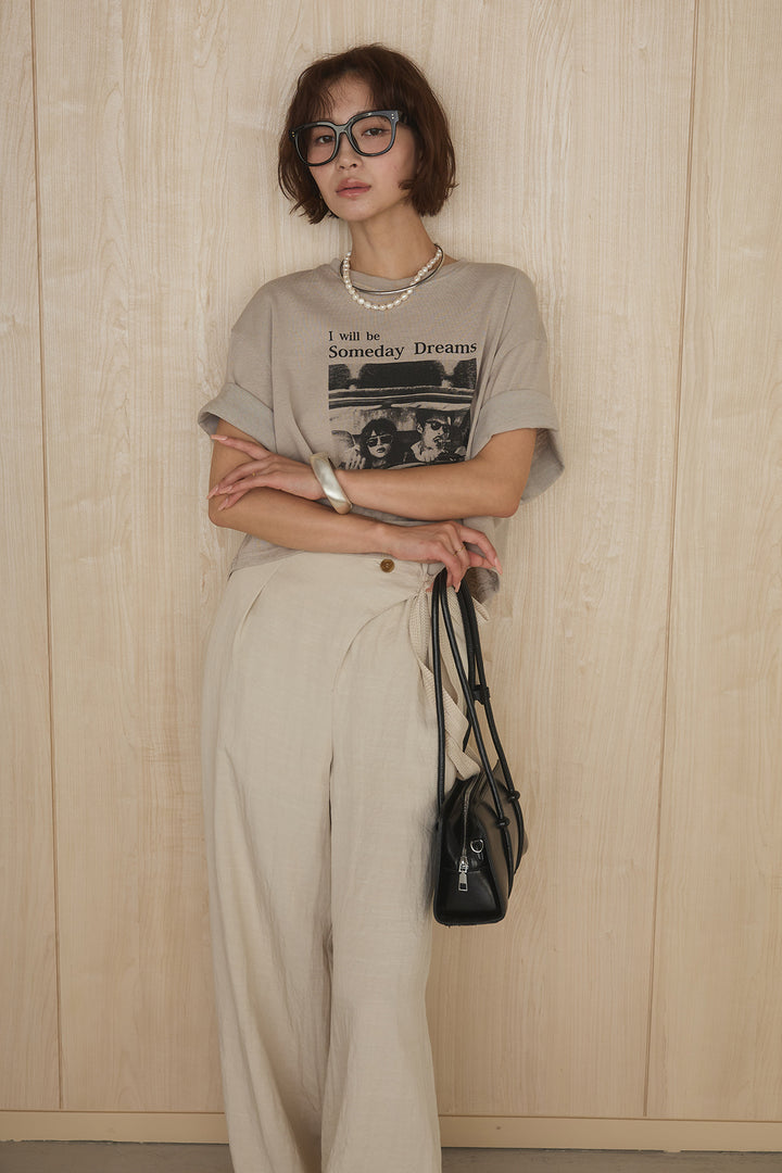 [SET]グラフィックサムデイワイドクロップドT+異素材ベルト付きラップ風ニュアンスワイドパンツ(2set)