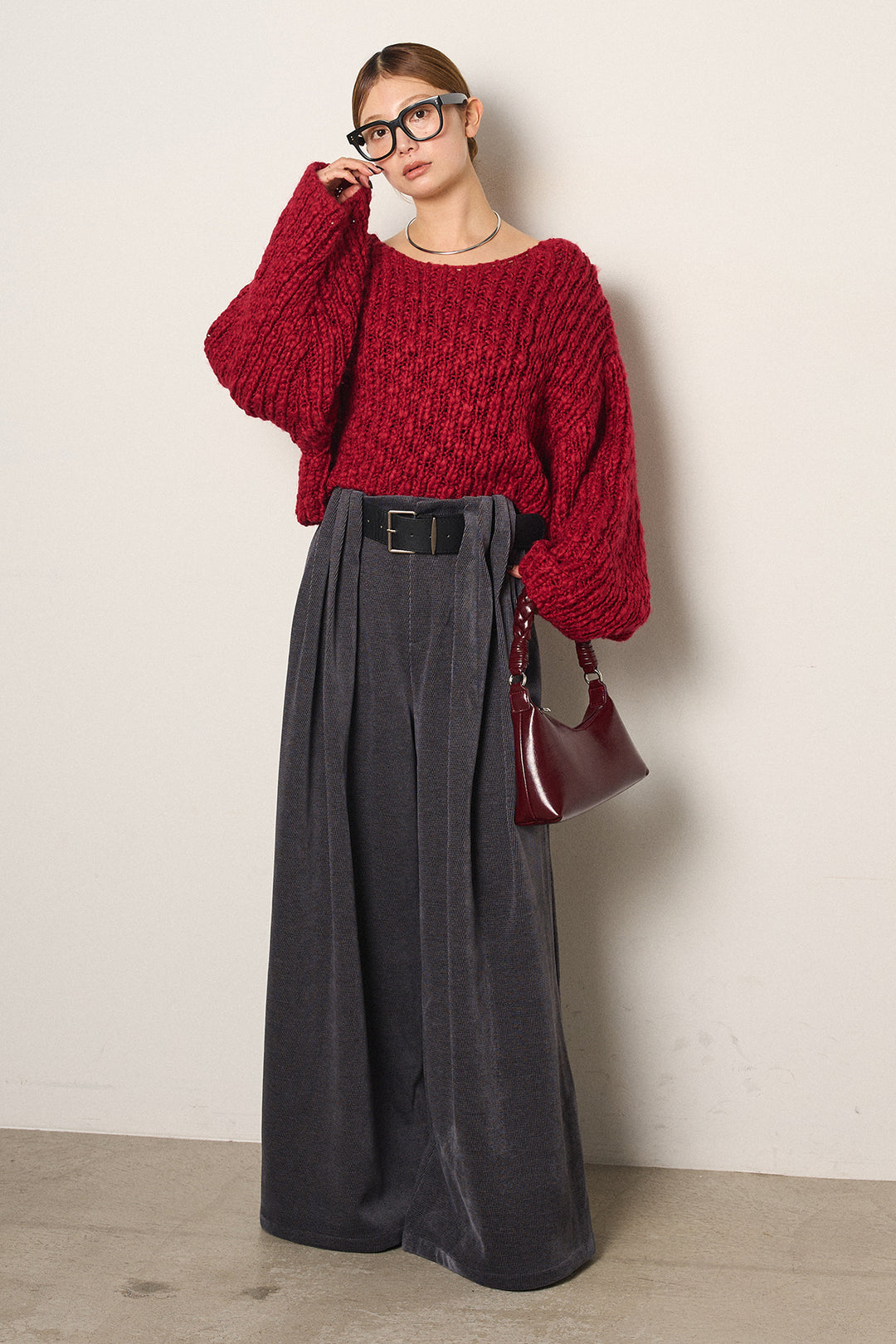 [SET]チャンキースラブニットクロップドプルオーバー+ベルトループコーデュロイワイドパンツ(2set)