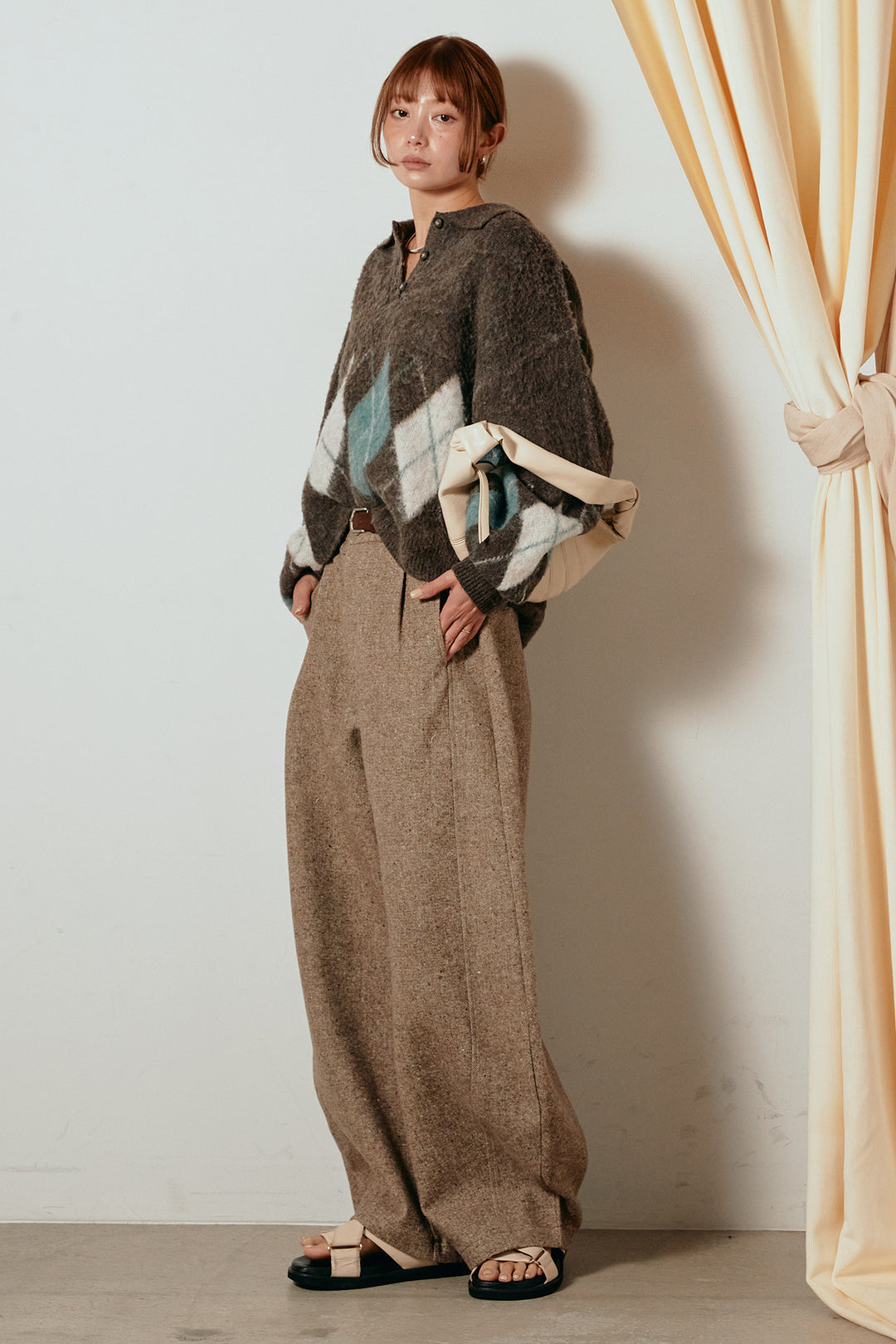 [SET]アーガイル柄ポロニットトップス+ベルト付きネップツイードカーブパンツ(2set)