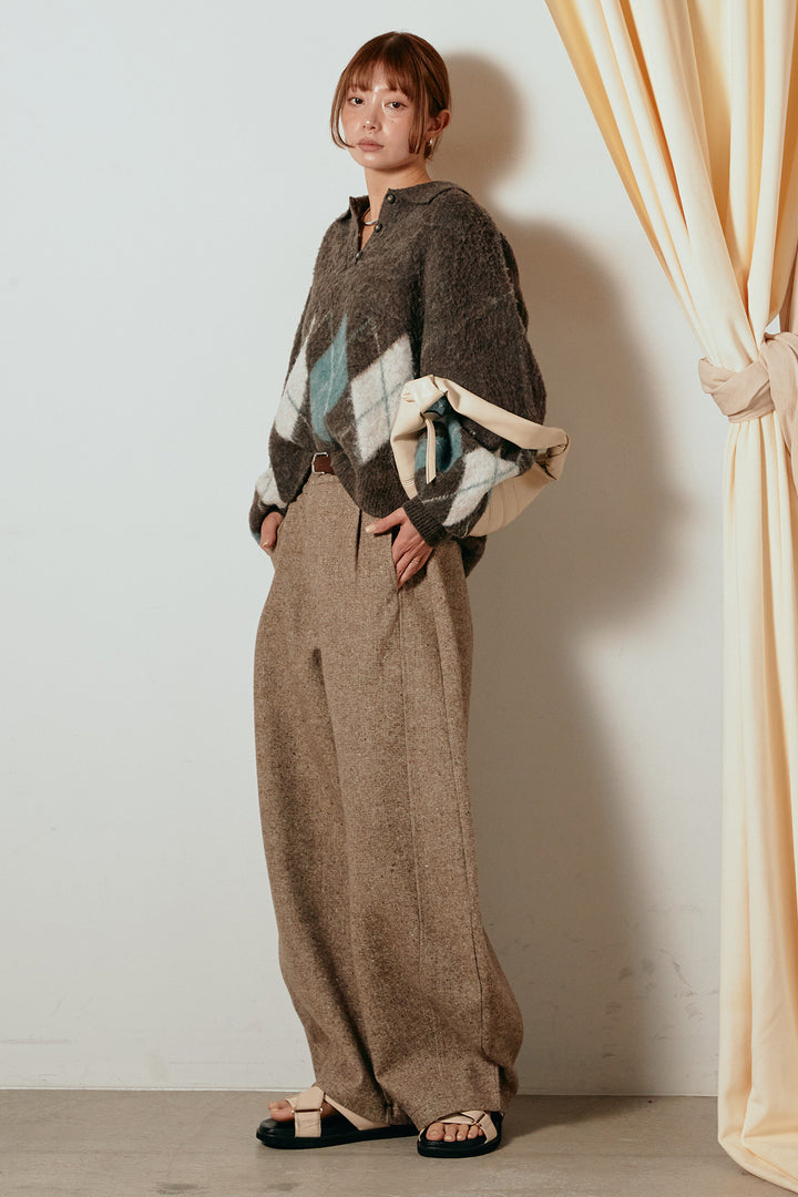 [SET]アーガイル柄ポロニットトップス+ベルト付きネップツイードカーブパンツ(2set)