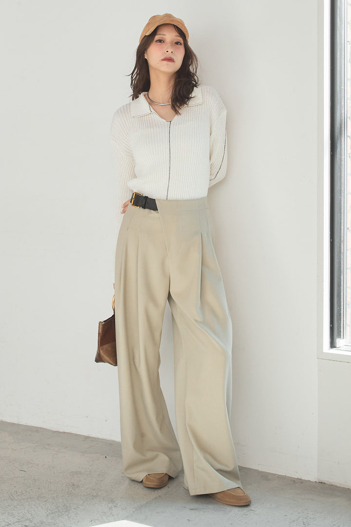 [SET]衿付きニットプルオーバー+サイドベルトタック入りスラックス(2set)