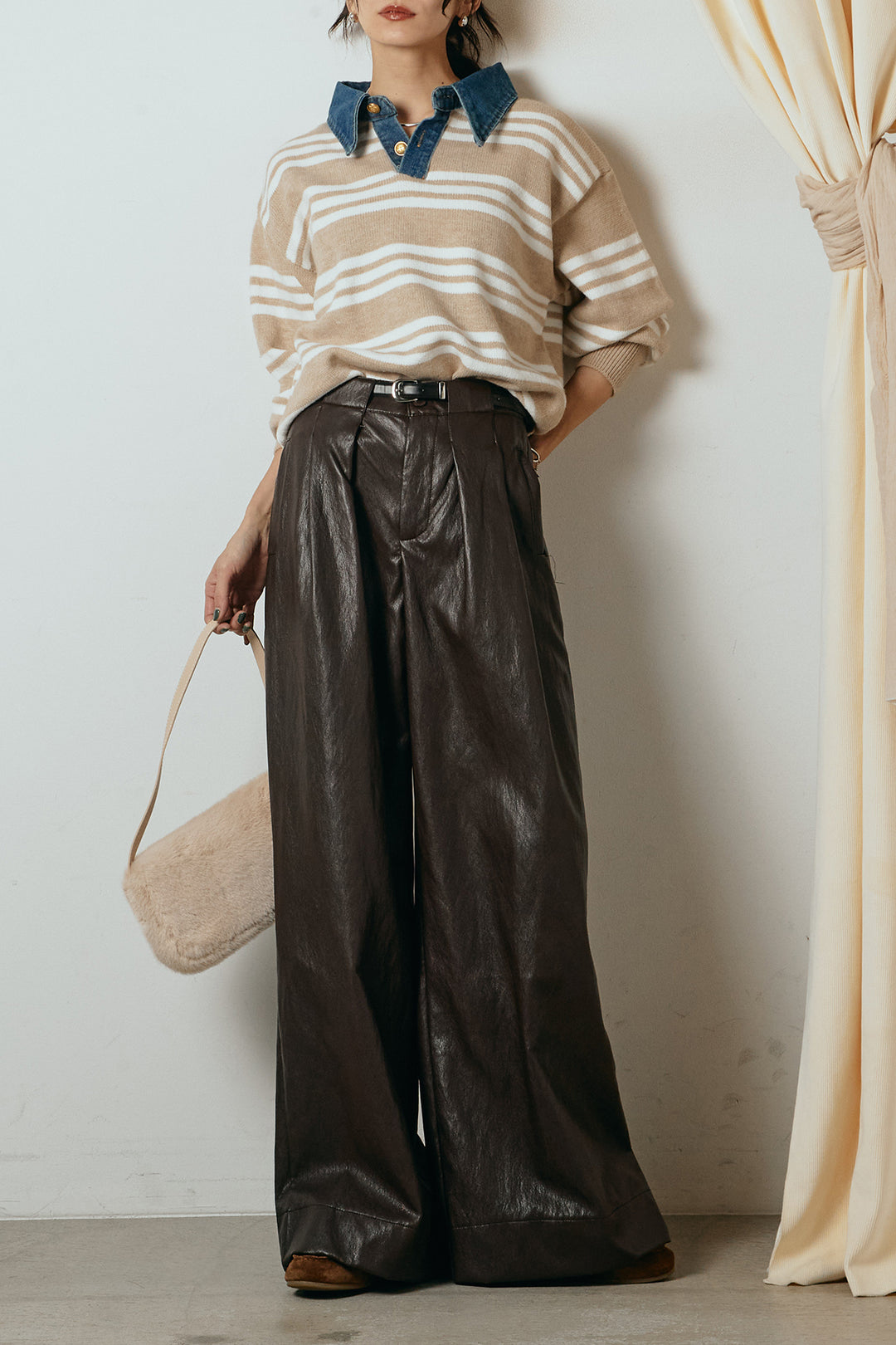 [SET]デニムレイヤード風ランダムボーダーニットプルオーバー+ベルト付きレザーライクタックパンツ(2set)