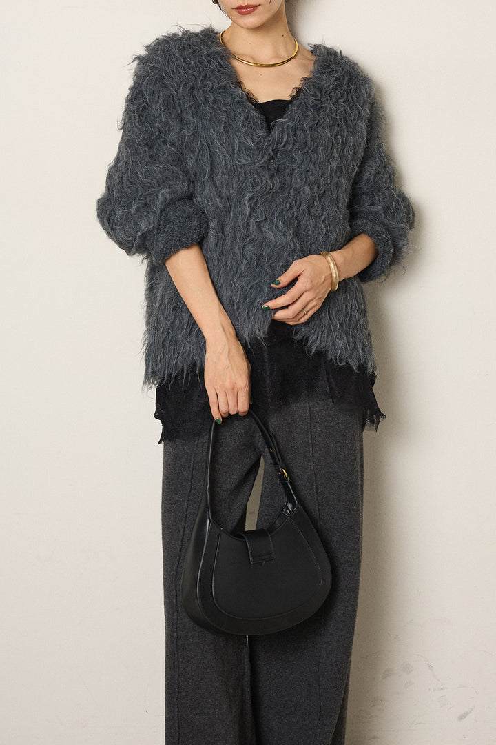 [SET]起毛シャギーニットカーディガン+センターラインニットパンツ+レース切り替えキャミソール(3set)