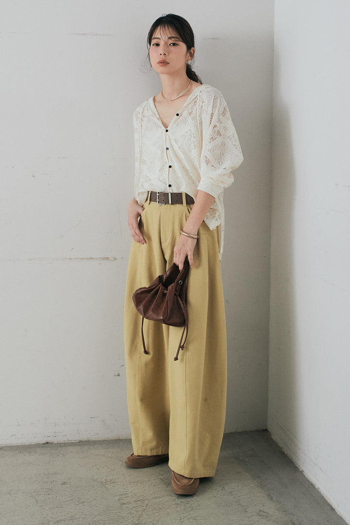 [SET]ブロックレースフード付きブラウス+ベルト付きサイドタックワイドパンツ(2set)