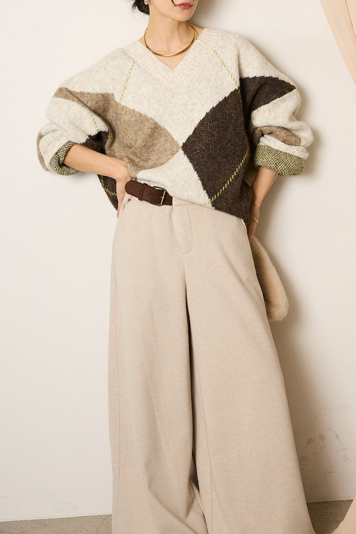 [SET]ルーズアーガイルVネックニット+サイドベルトパンツ(2set)