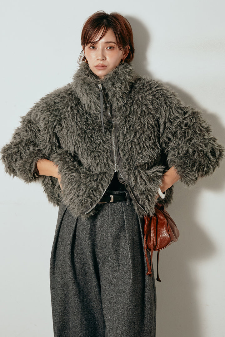 [SET]ミックスシープファースタンドブルゾン+フェイクウールタックトラウザーズパンツ(2set)