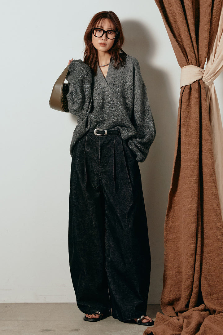 [SET]グラデーションラメニットキーネックプルオーバー+フロントタック入りコーデュロイパンツ(2set)