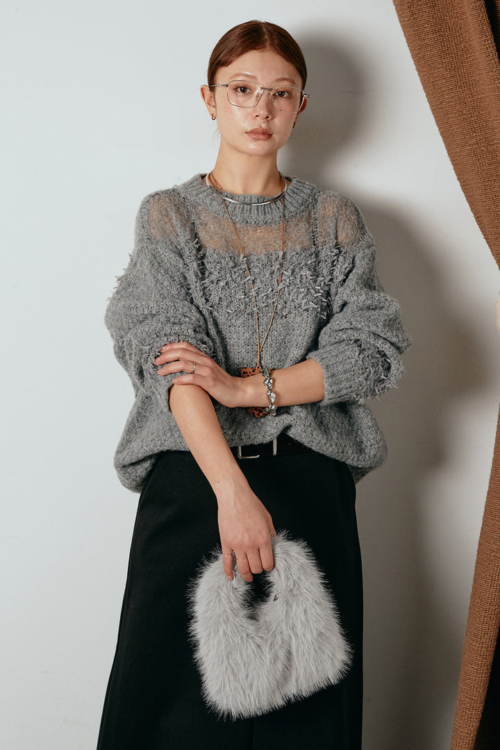 [SET]パターンランダム編みニットトップス+ベルト付きフロントタックデザインパンツ(2set)