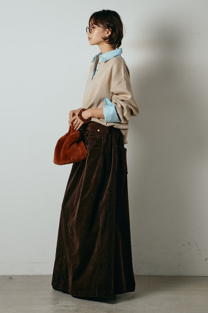 [SET]ストライプシャツドッキングポロトップス+ポーチベルト付きコーデュロイワイドスカート(2set)