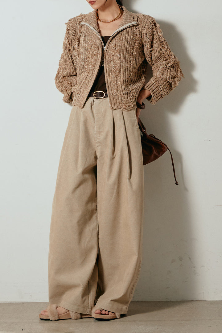 [SET]ハイネックフリンジジップニットトップス+フロントタック入りコーデュロイパンツ(2set)