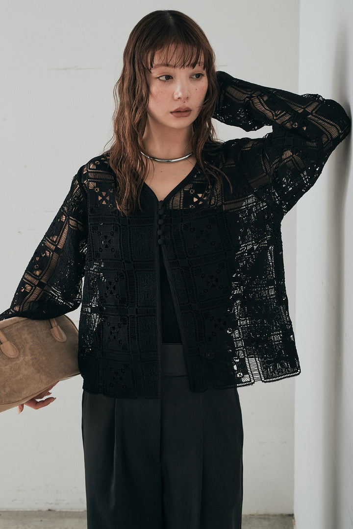 [SET]クロシェレースカーディガン+センタープレスセミワイドパンツ(2set)