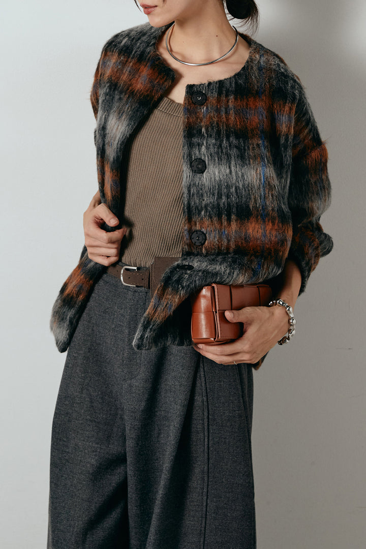 [SET]ノーカラーシャギーチェックアウター+ポーチベルト付きカーブパンツ(2set)