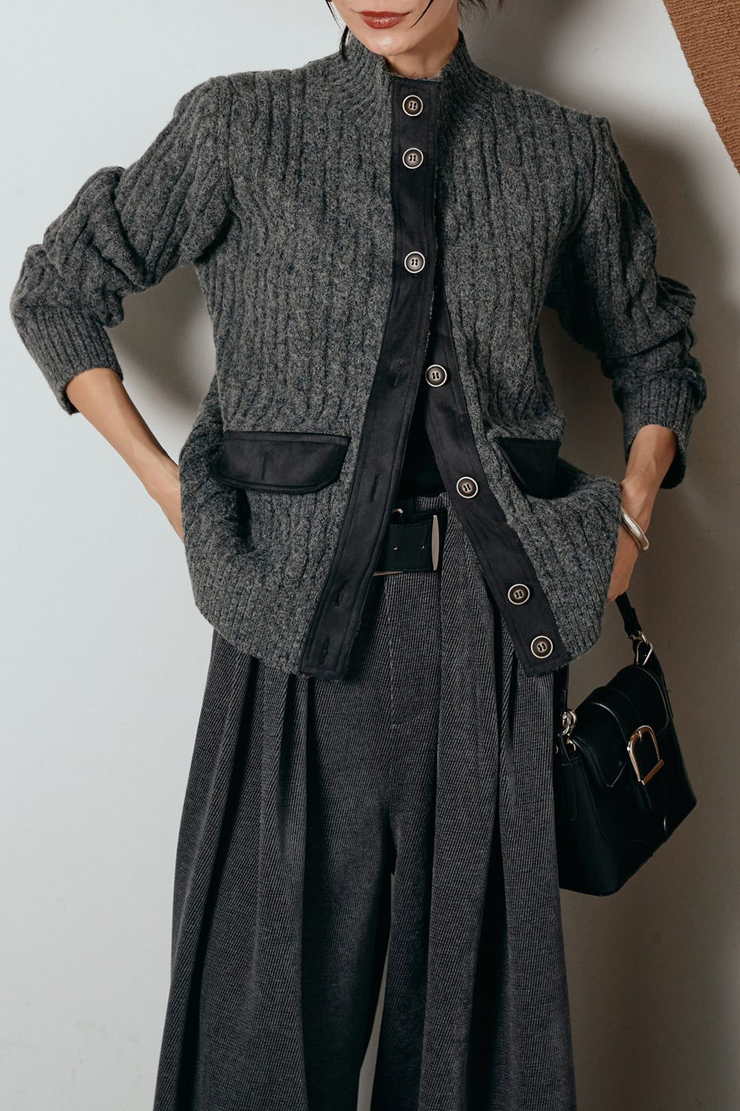 [SET]ボトルネックケーブルニットカーディガン+ベルトループコーデュロイワイドパンツ(2set)