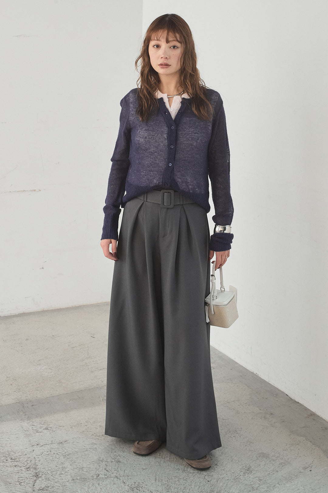 [SET]モヘア透かし編みレイヤードアンサンブルセット+ベルト付きツータックワイドパンツ(2set)