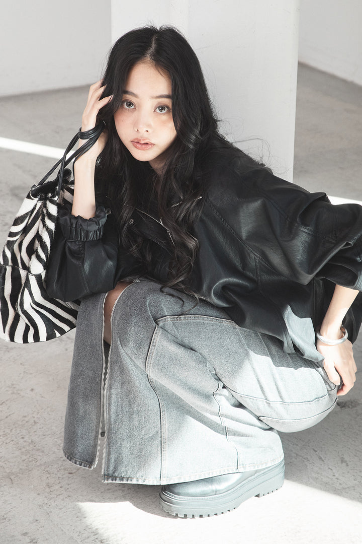 [SET]スタンドネックレザーライクブルゾン+フロントジップデニムスカート(2set)