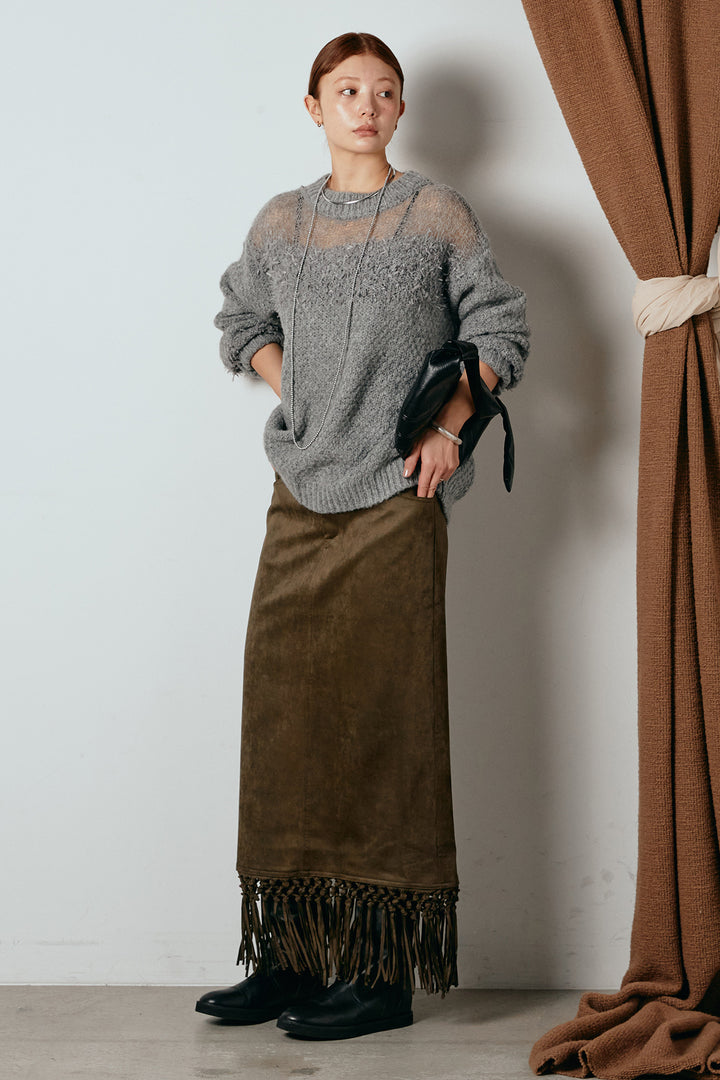 [SET]パターンランダム編みニットトップス+スウェードライク裾フリンジスカート(2set)