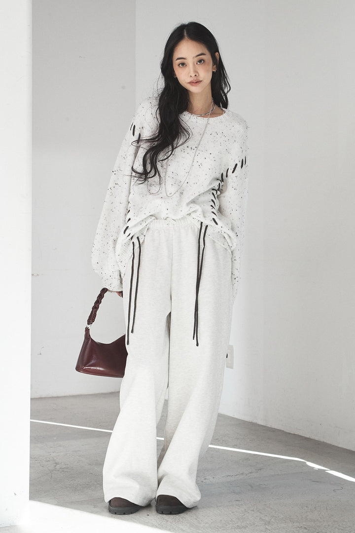 [SET]ネップ編み上げニットトップス+裏起毛スウェットワイドパンツ(2set)