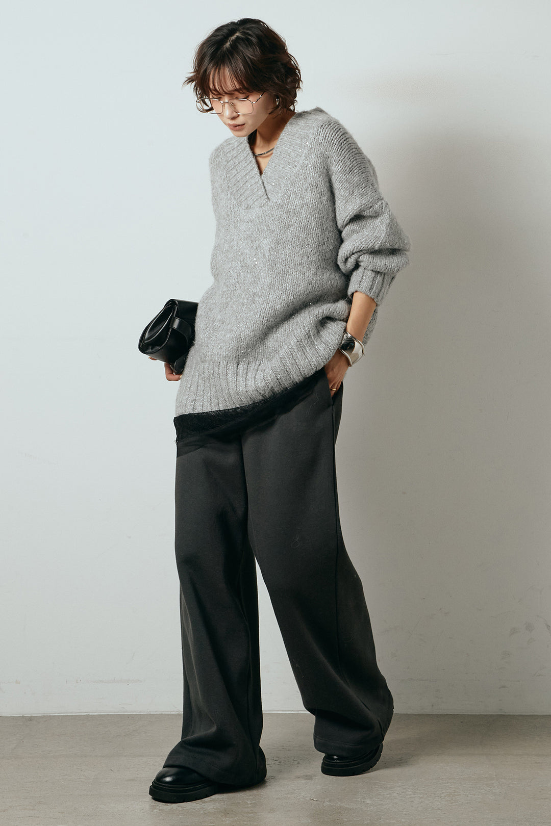 [SET]Vネックラメニットトップス+裏起毛スウェットワイドパンツ(2set)