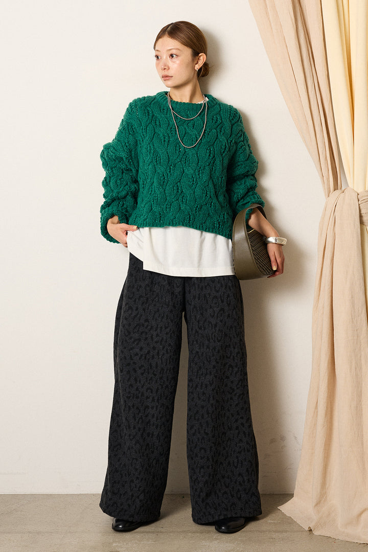 [SET]ケーブルリラックスショートニット+箔プリントBIGシルエットロングスリーブTシャツ+レオパードジャガードニットパンツ(3set)