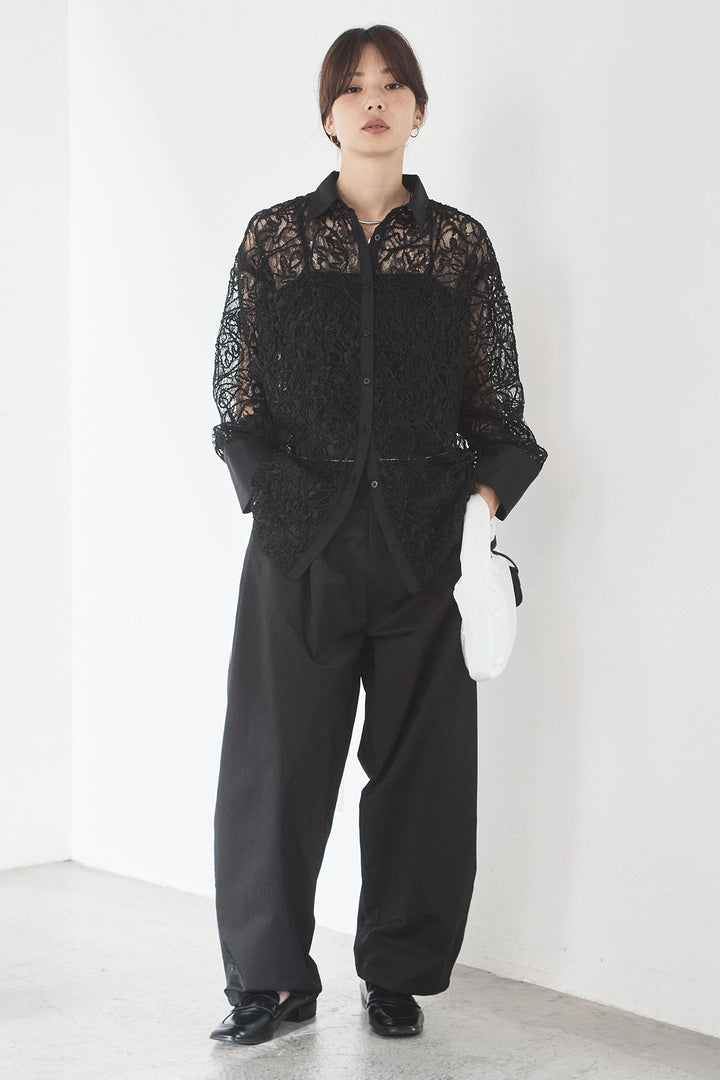 [SET]刺繍レースオーバーサイズシャツ+合繊ツイルパイピングタックカーブパンツ(2set)