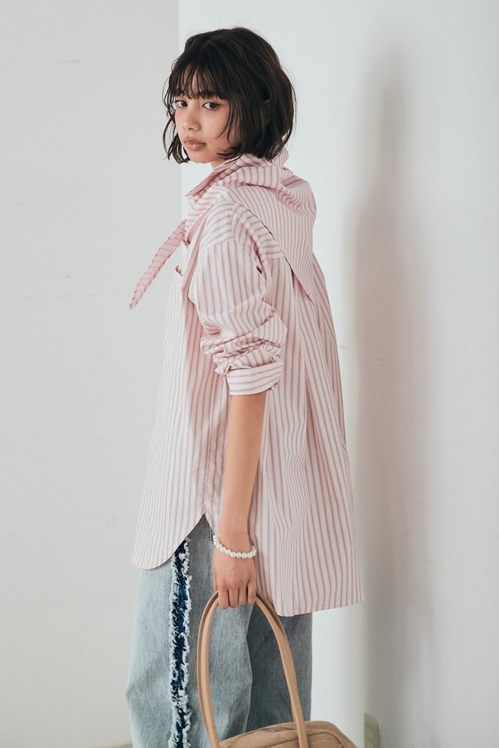 [SET]ランダムストライプスカーフ付きシャツ+デニムサイドフリルパンツ(2set)