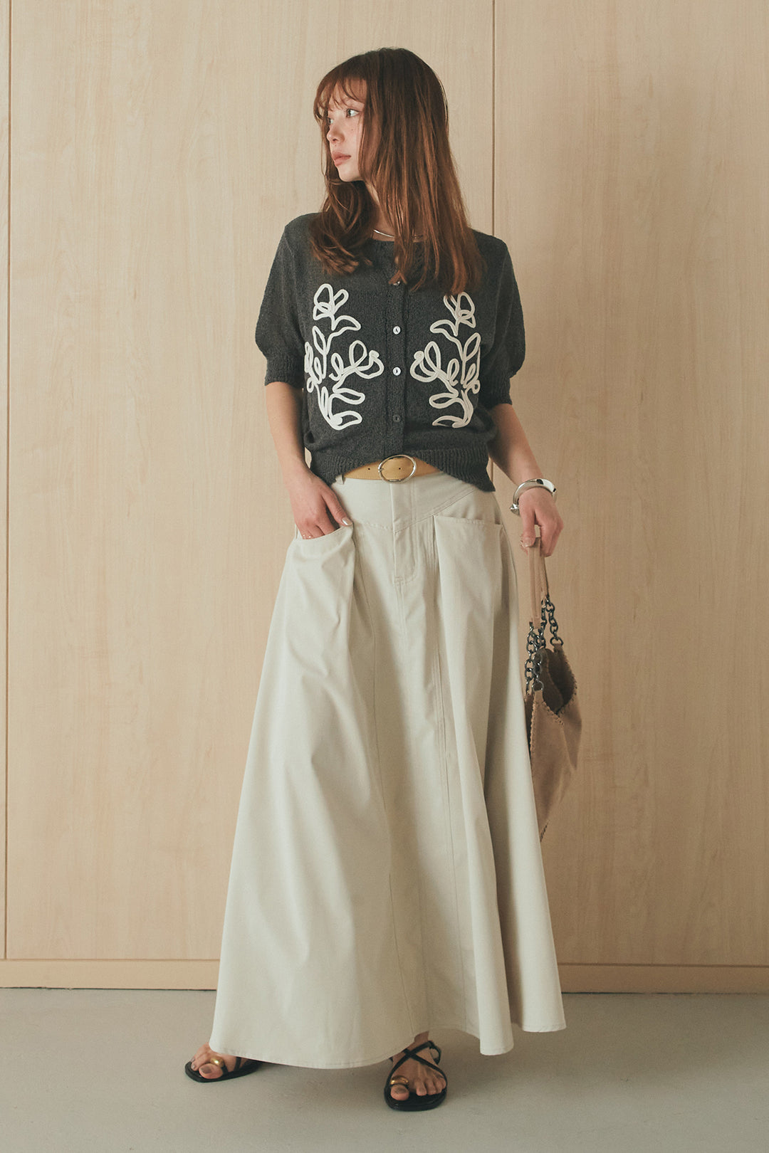 [SET]フロントテープデザイン半袖カーディガン+ミリタリーツイルタックフレアスカート(2set)