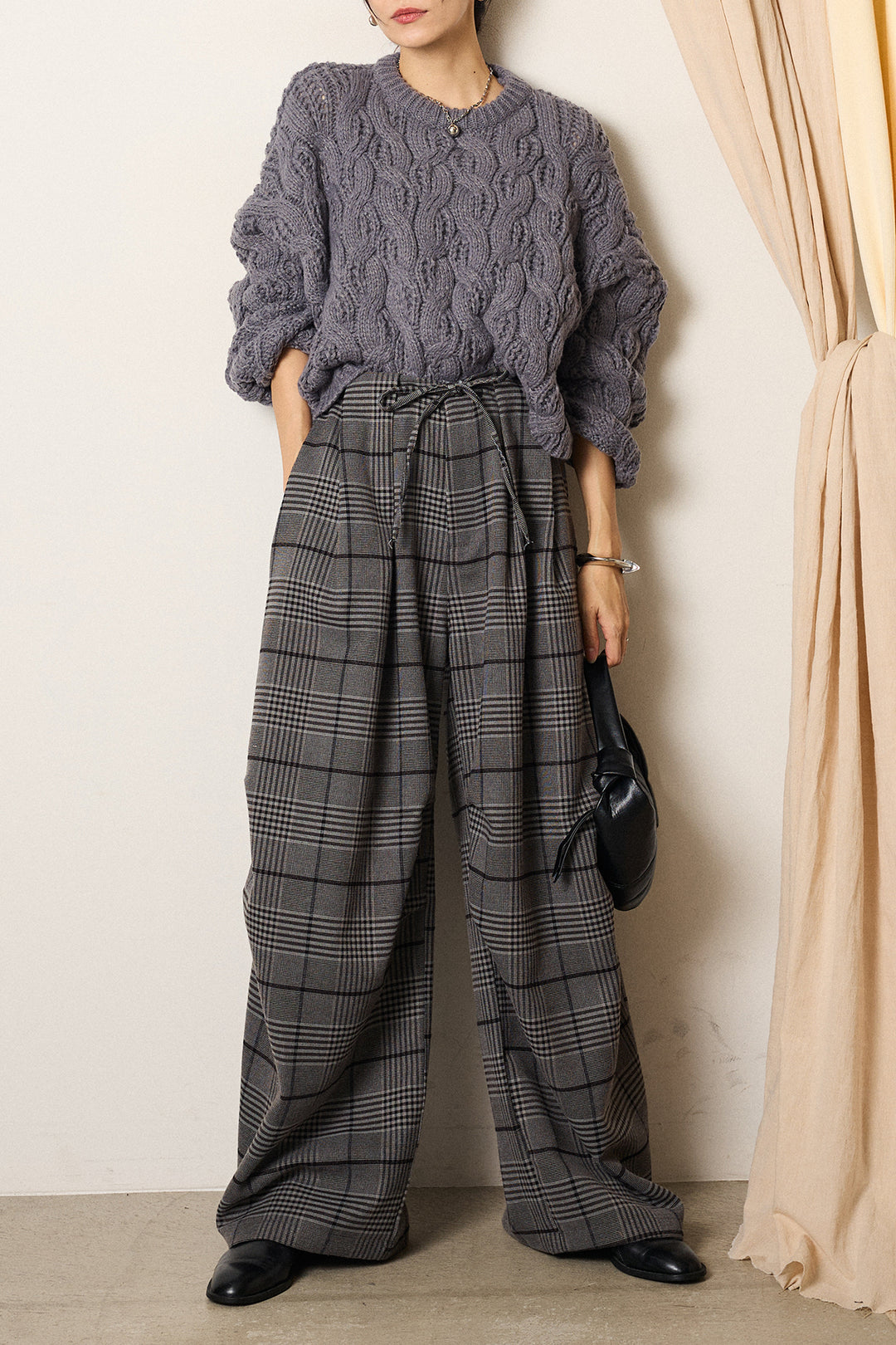 [SET]ケーブルリラックスショートニット+グレンチェックルーズタックパンツ(2set)