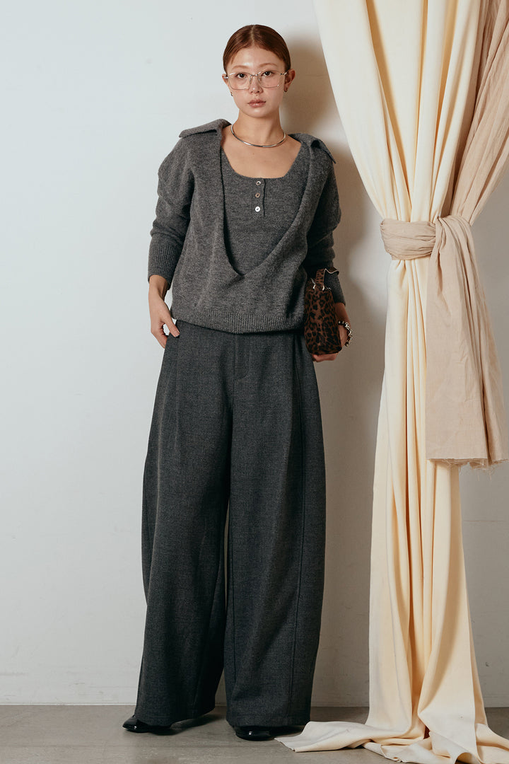 [SET]襟付きレイヤードニットトップス+ポーチベルト付きカーブパンツ(2set)