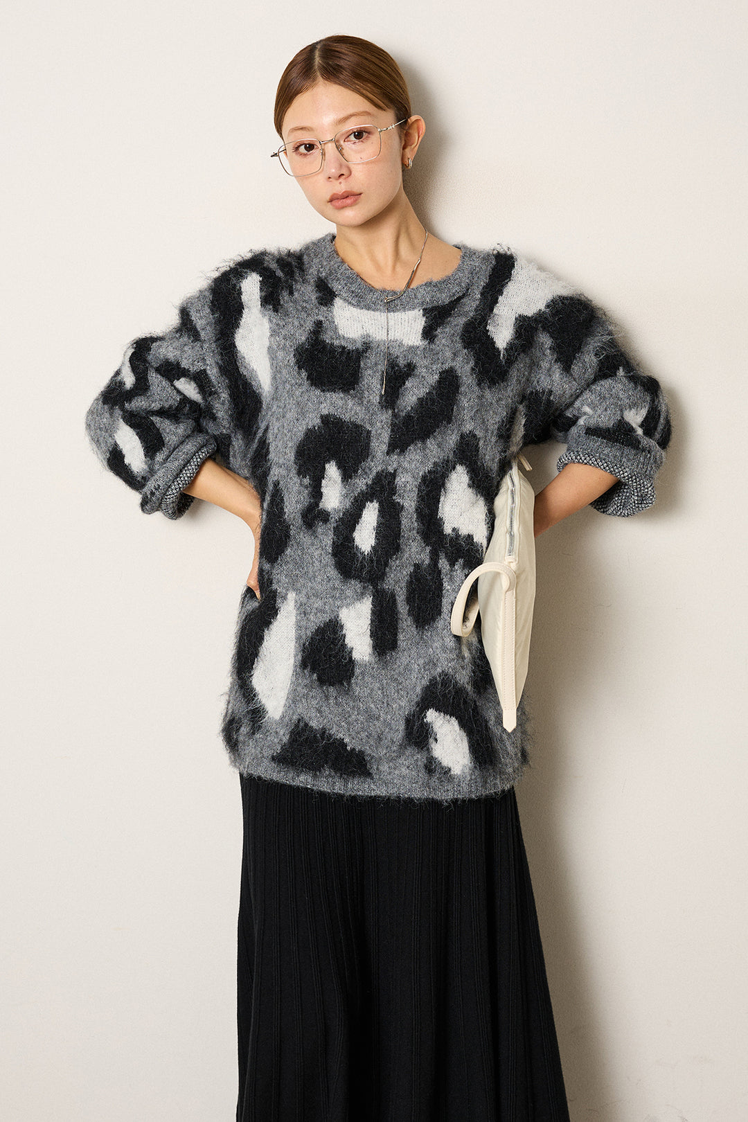 [SET]ルーズアニマルモヘアニットトップス+編み地切り替えフレアニットスカート(2set)