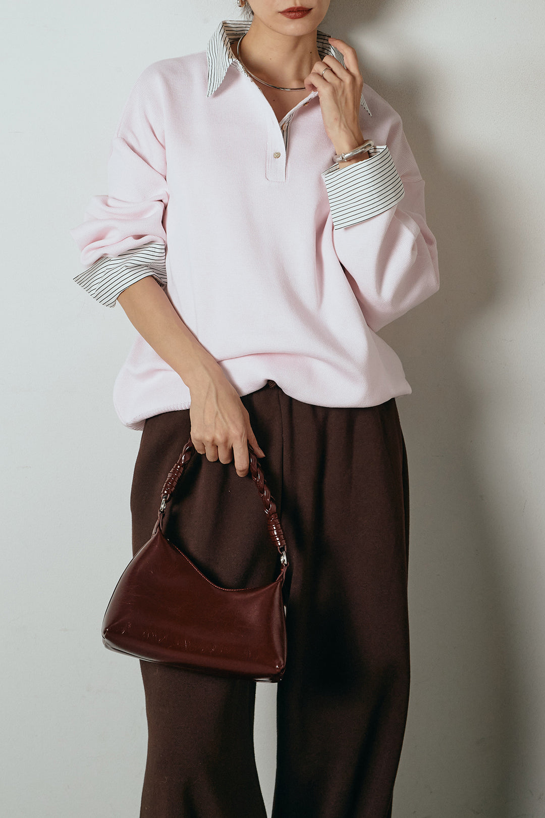 [SET]ストライプシャツドッキングポロトップス+裏起毛スウェットワイドパンツ(2set)