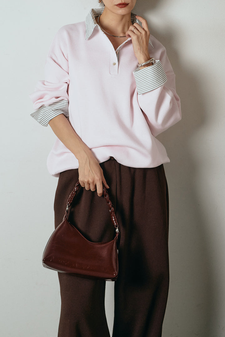 [SET]ストライプシャツドッキングポロトップス+裏起毛スウェットワイドパンツ(2set)