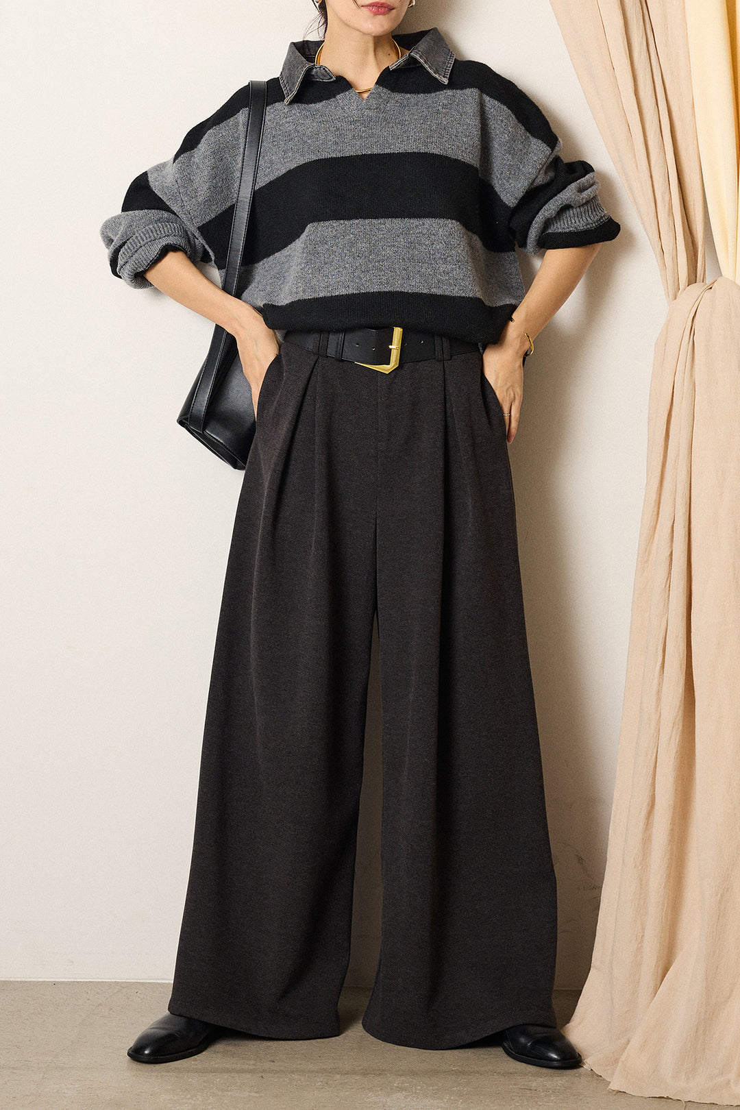 [SET]デニムカラーボーダールーズニット+ゴールドバックル太ベルト付きワイドパンツ(2set)