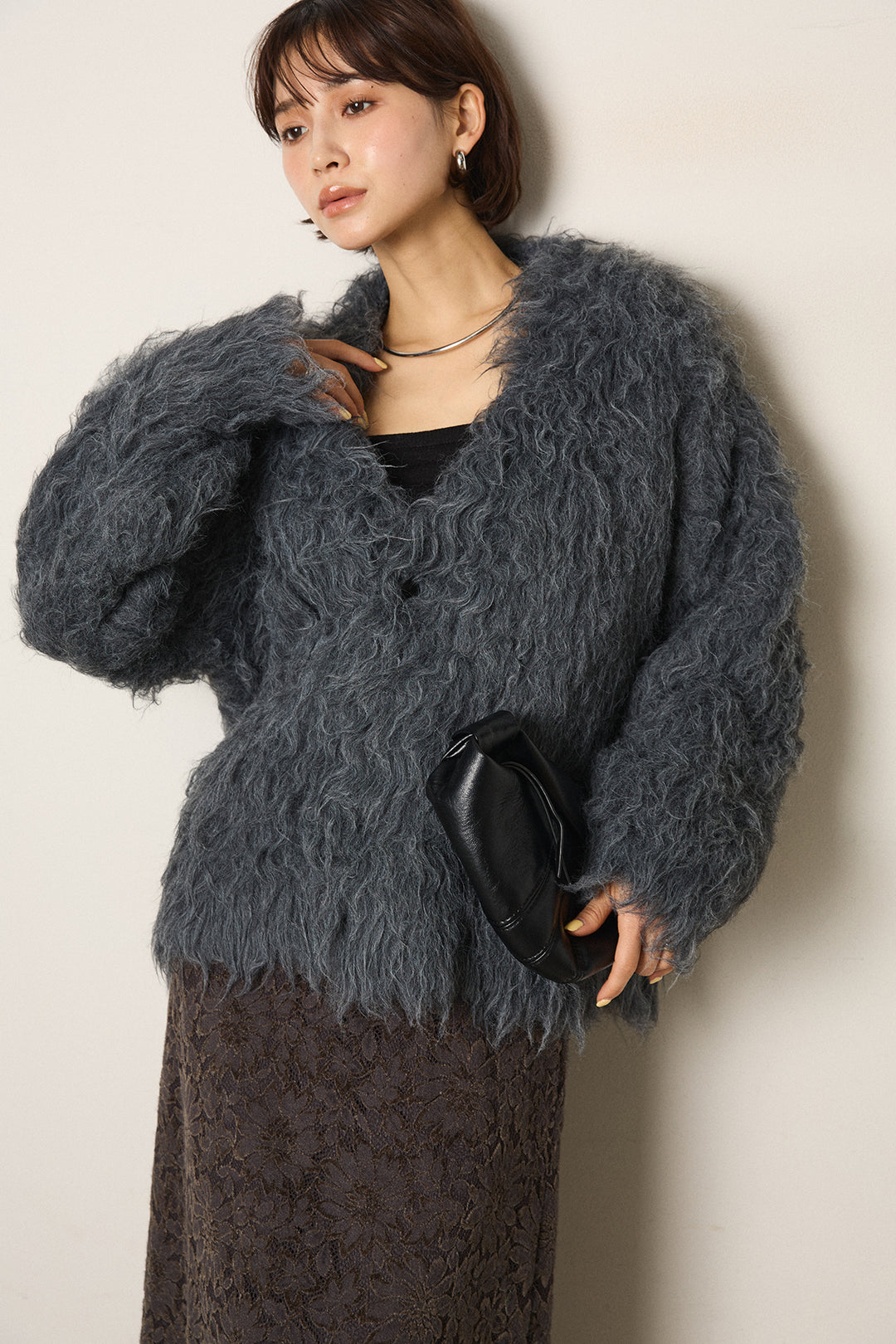 [SET]起毛シャギーニットカーディガン+花柄刺繍ベロアフレアスカート(2set)