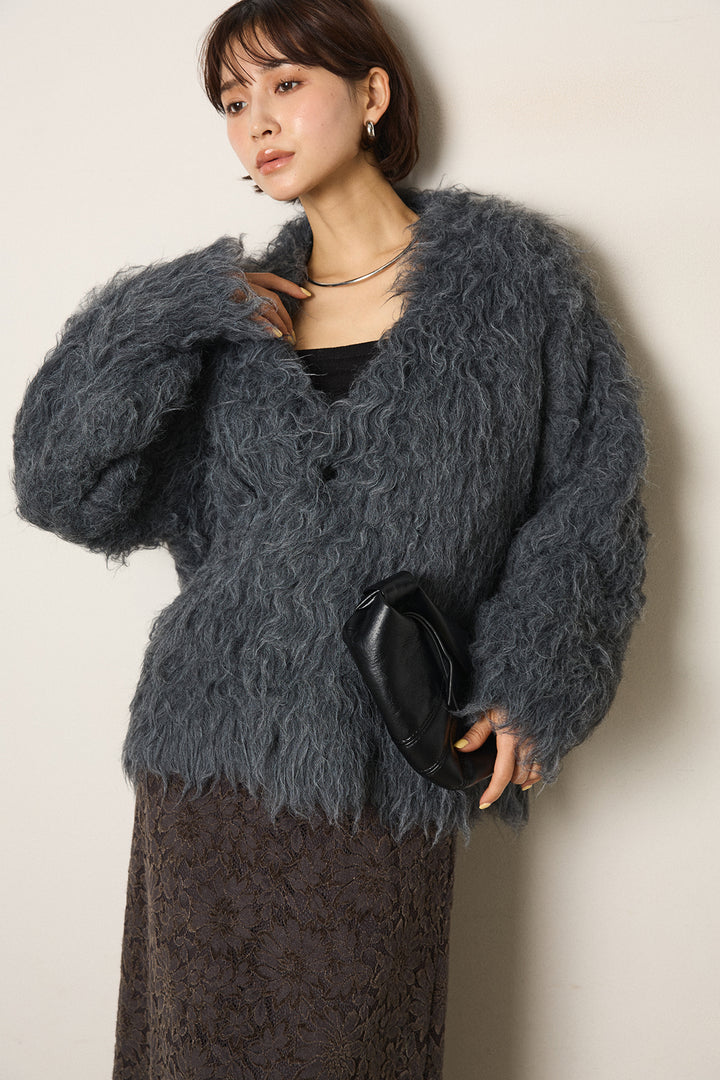 [SET]起毛シャギーニットカーディガン+花柄刺繍ベロアフレアスカート(2set)