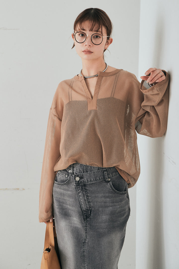 [SET]メッシュカットソースキッパープルオーバー+ウエストクロスデニムタイトスカート(2set)