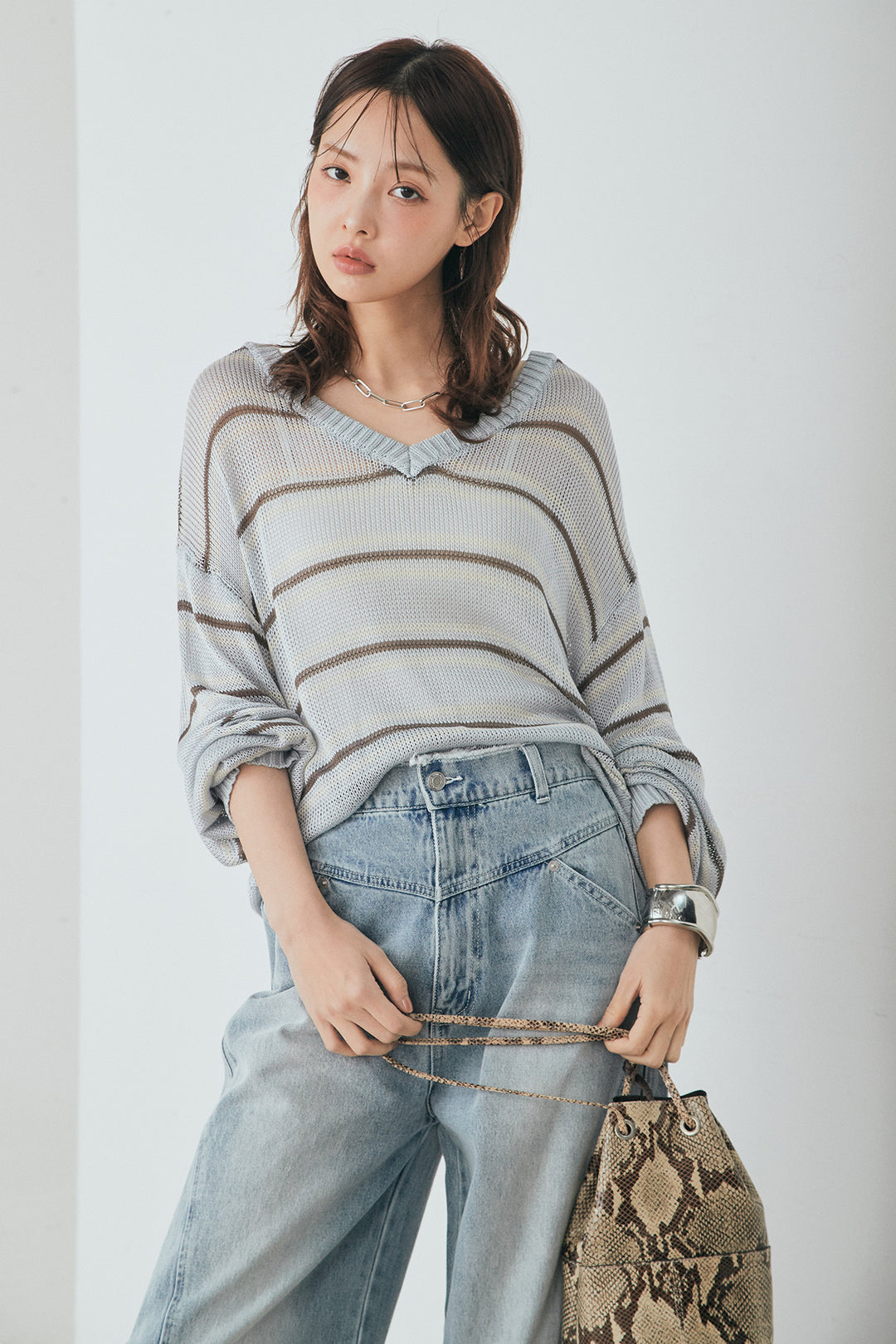 [SET]綿タッチVネックボーダートップス+デニムヨークパンツ(2set)