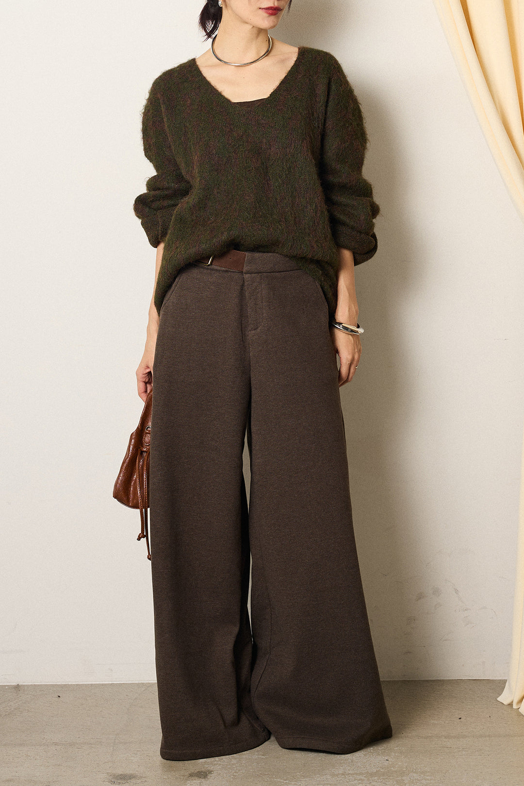 [SET]フラッフィーレオパードシャギーニット+サイドベルトパンツ(2set)