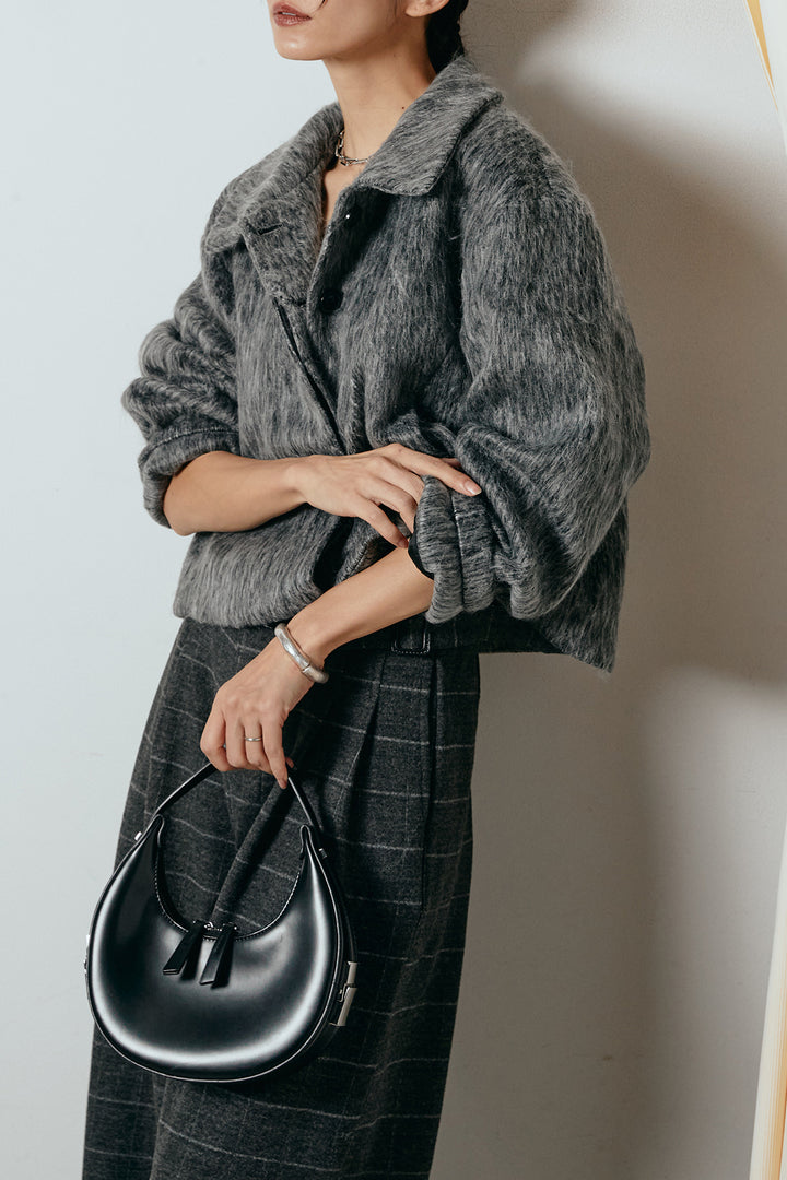 [SET]シャギーショートジャケット+スクエアチェック柄ワイドパンツ(2set)