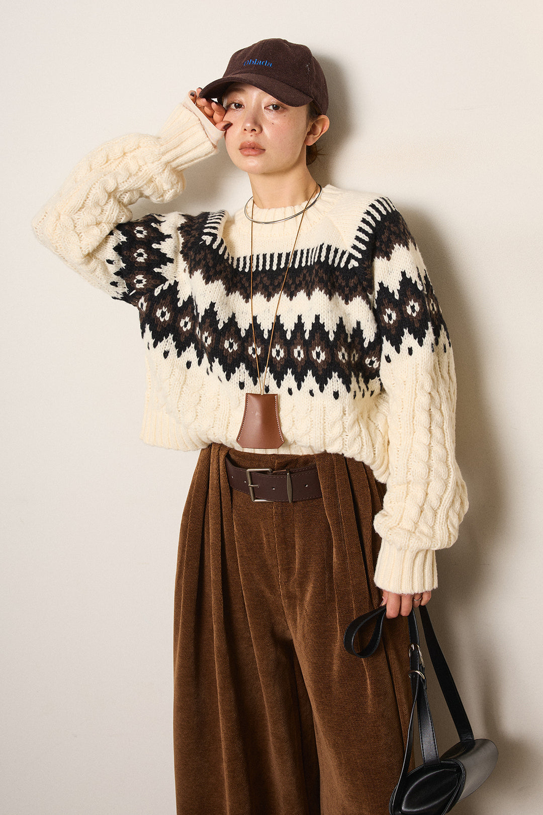 [SET]2WAY求心柄ジャガードショートカーディガン+ベルトループコーデュロイワイドパンツ+2WAY袖コード刺繍クルーネックプルオーバー(3set)