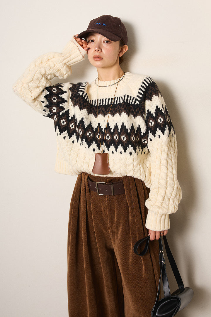 [SET]2WAY求心柄ジャガードショートカーディガン+ベルトループコーデュロイワイドパンツ+2WAY袖コード刺繍クルーネックプルオーバー(3set)