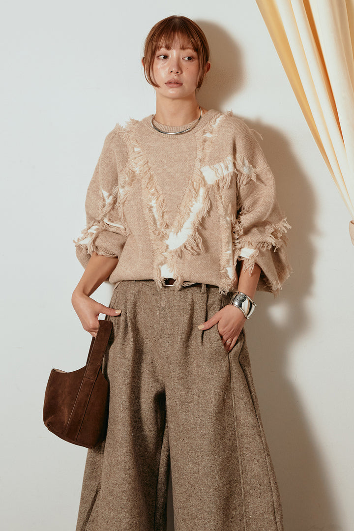 [SET]シャギージャガードニットトップス+ベルト付きネップツイードカーブパンツ(2set)