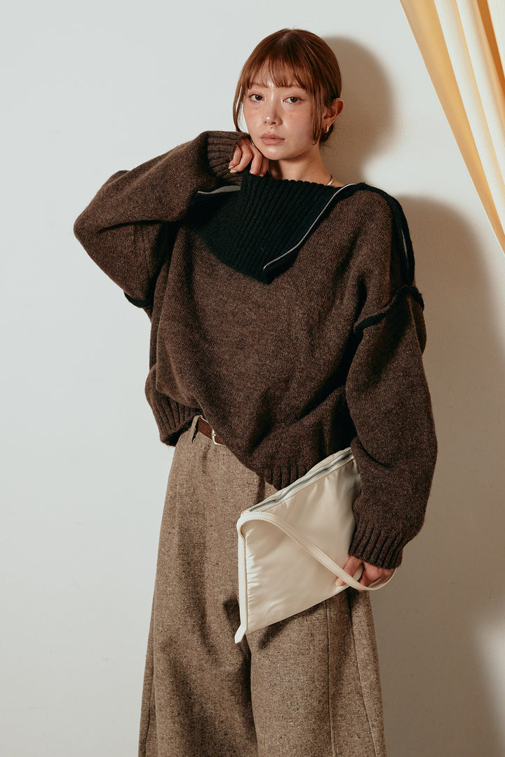 [SET]ハイネックジップデザインニットトップス+ベルト付きネップツイードカーブパンツ(2set)