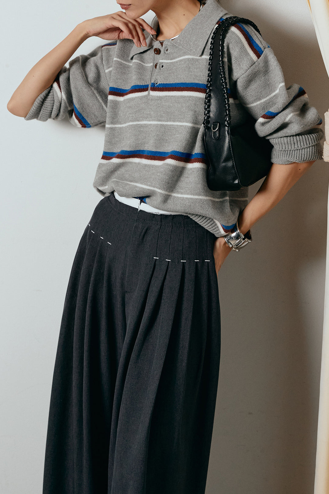 [SET]襟付きマルチボーダーニットポロトップス+ウエストステッチデザインワイドスラックス(2set)