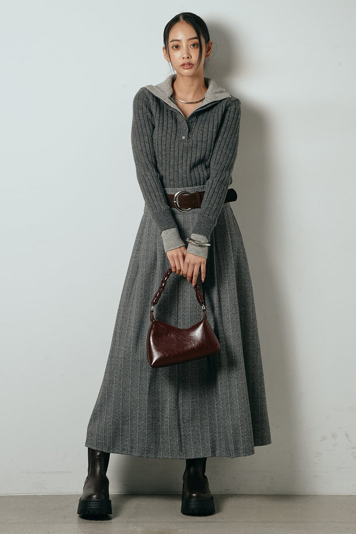 [SET]レイヤード風リブニットトップス+太ベルト付きヘリンボーンプリーツスカート(2set)