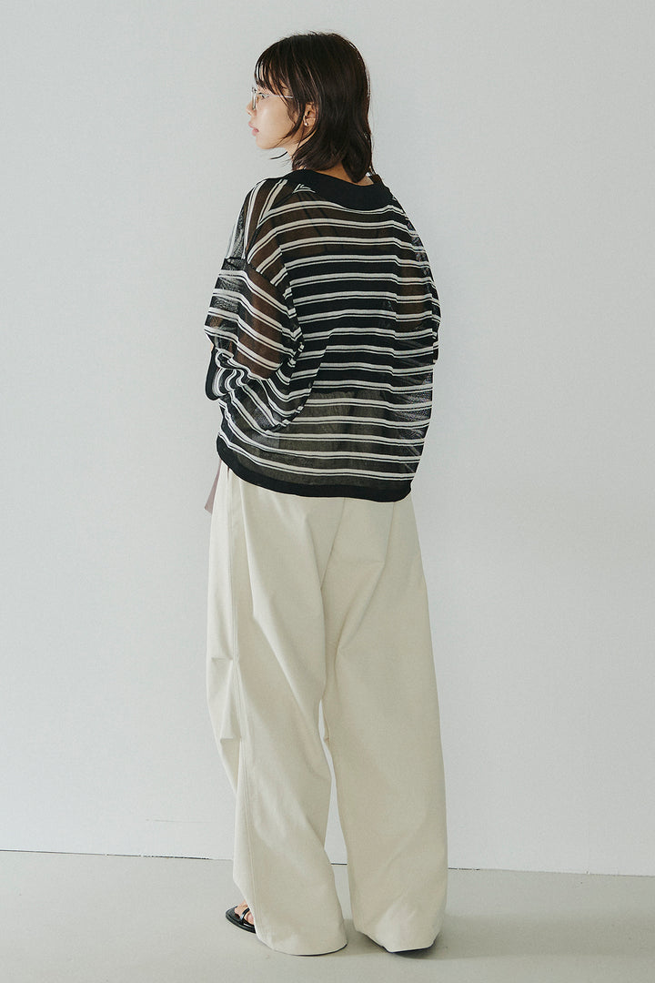 [SET]ボーダーニットポロシャツ+ニーサイドタックウエストドロスパンツ(2set)