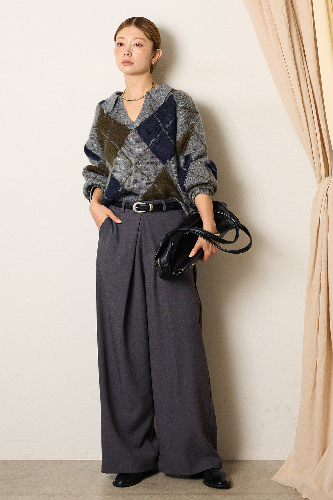 [SET]アクリルモヘアアーガイルキーネックプルオーバー+フロントワイドタックネップ入ワイドパンツ(2set)